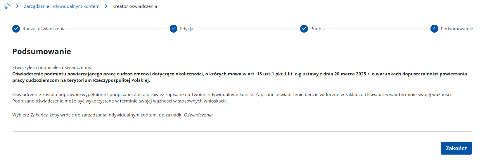 IK oświadczenie podsumowanie